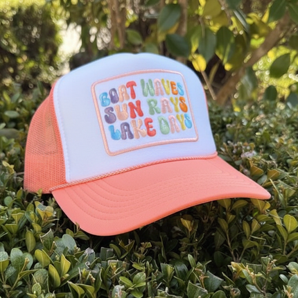 Boat Waves Sun Rays Lake Days Trucker Hat - Coral